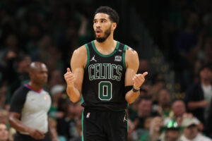 Jayson Tatum #0 of the Boston Celtics reacts against the Miami Heat during the second quarter in Game Six of the 2022 NBA Playoffs Eastern Conference Finals at TD Garden on May 27, 2022 in Boston, Massachusetts.