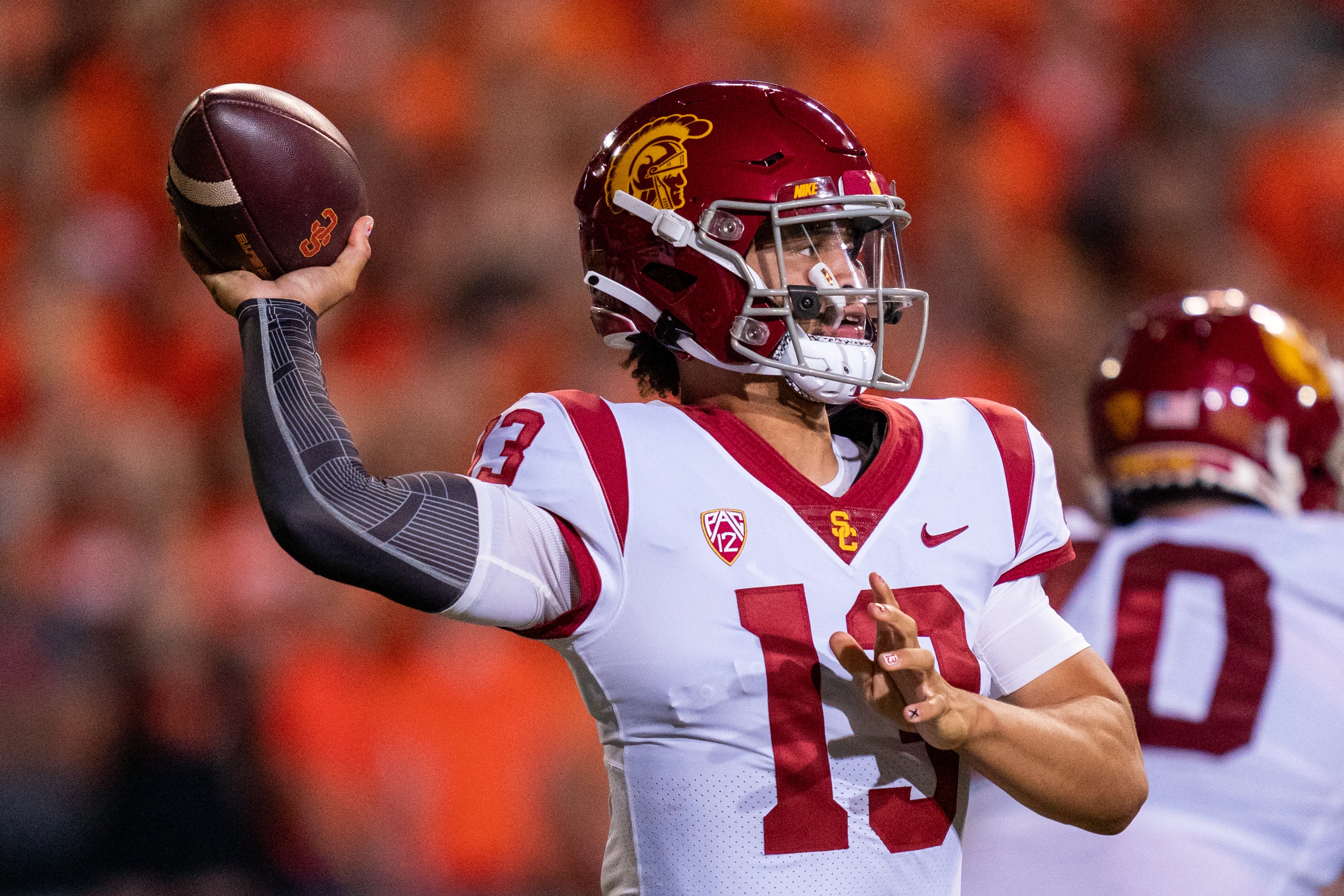 Quarterback Caleb Williams #13 of the USC Trojans looks to pass during the first half against the Oregon State Beavers at Reser Stadium on September 24, 2022 in Corvallis, Oregon.