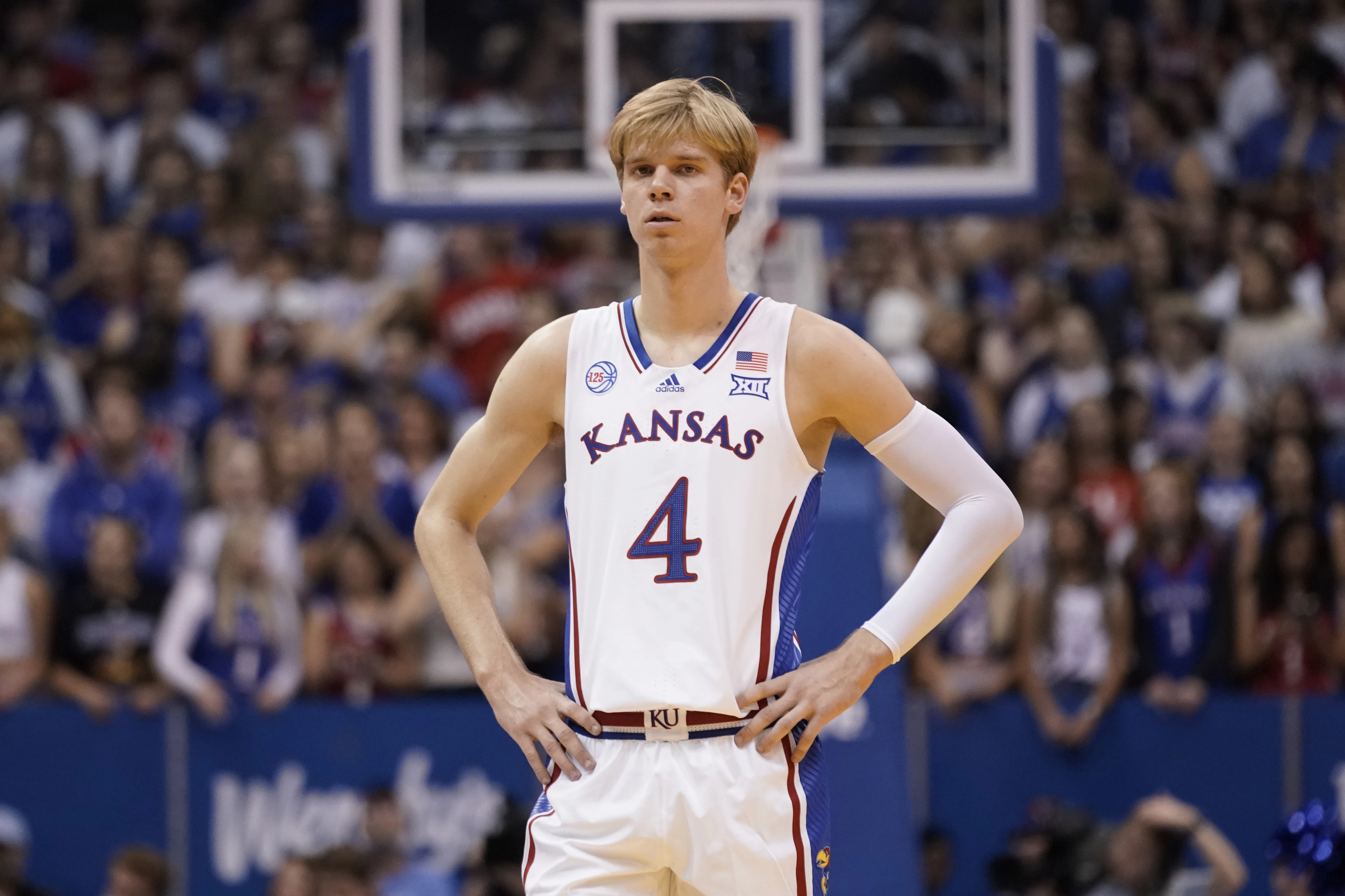 Gradey Dick #4 of the Kansas Jayhawks in action against the Pittsburg State Gorillas during the first half at Allen Fieldhouse on November 03, 2022 in Lawrence, Kansas.