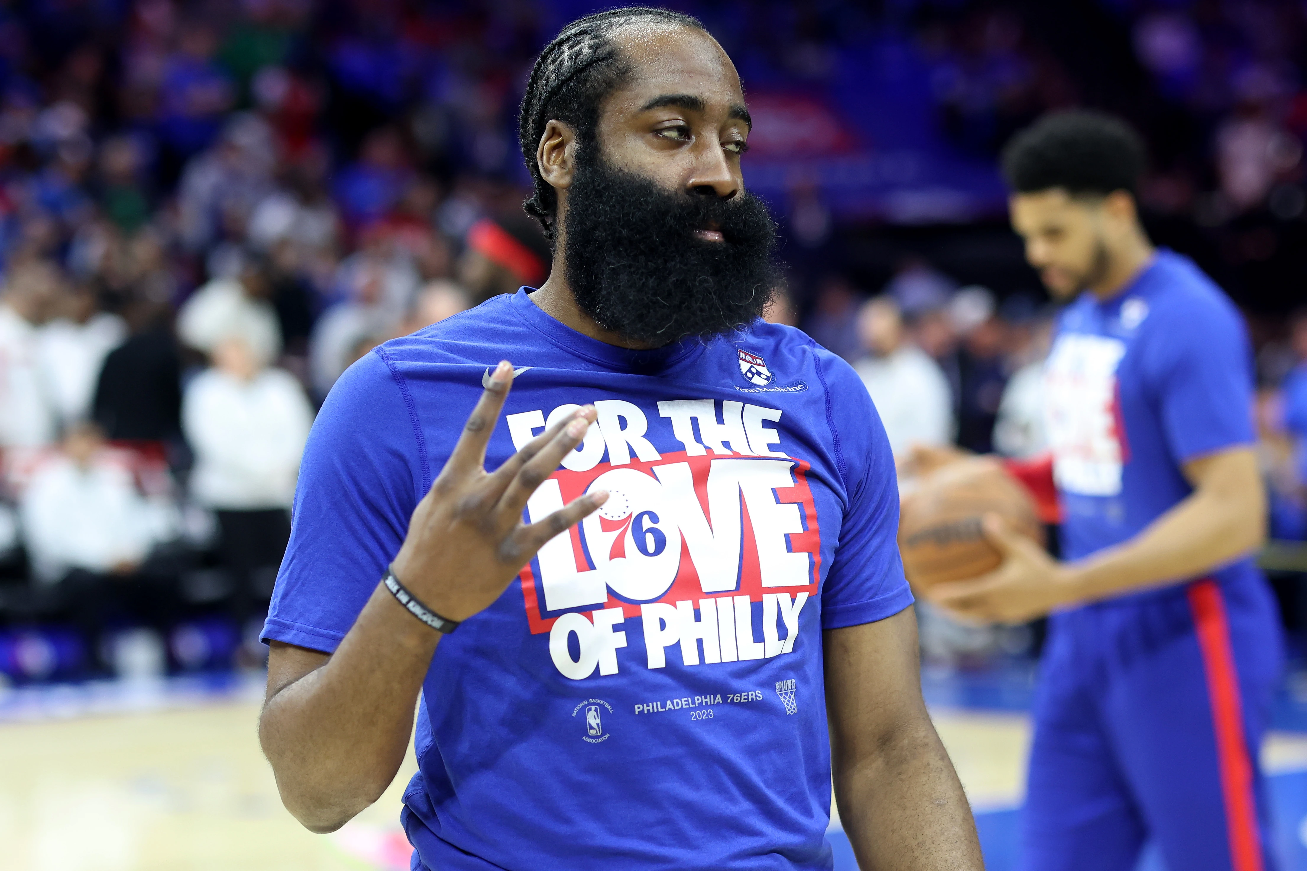 James Harden #1 of the Philadelphia 76ers reacts prior to game three of the Eastern Conference Second Round Playoffs against the Boston Celtics at Wells Fargo Center on May 05, 2023 in Philadelphia, Pennsylvania.