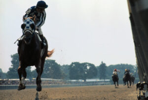 The field is so far behind, jockey Ron Turcotte has to turn in the saddle to look for it as he guides Secretariat to victory in the Belmont Stakes.