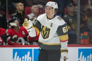 Vegas Golden Knights right wing Mark Stone celebrates after a goal