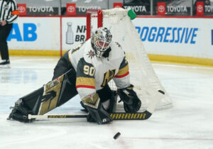 Vegas Golden Knights goaltender Robin Lehner drops his stick to the ice to make a save on the puck