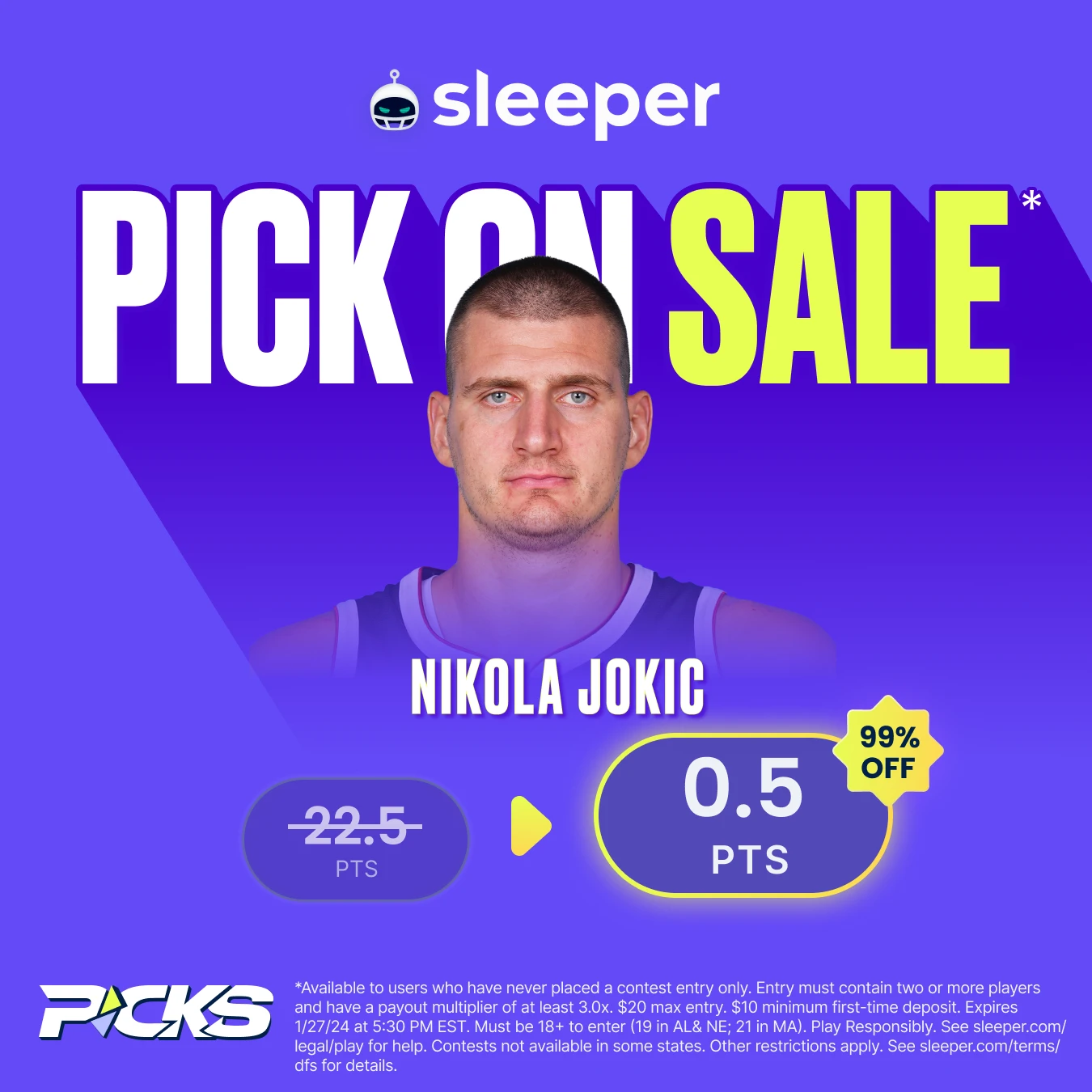 NBA player props special for Saturday, Jan. 27 on Sleeper Fantasy is Nikola Jokic over 0.5 points. New users only. Use promo code PROPS. 