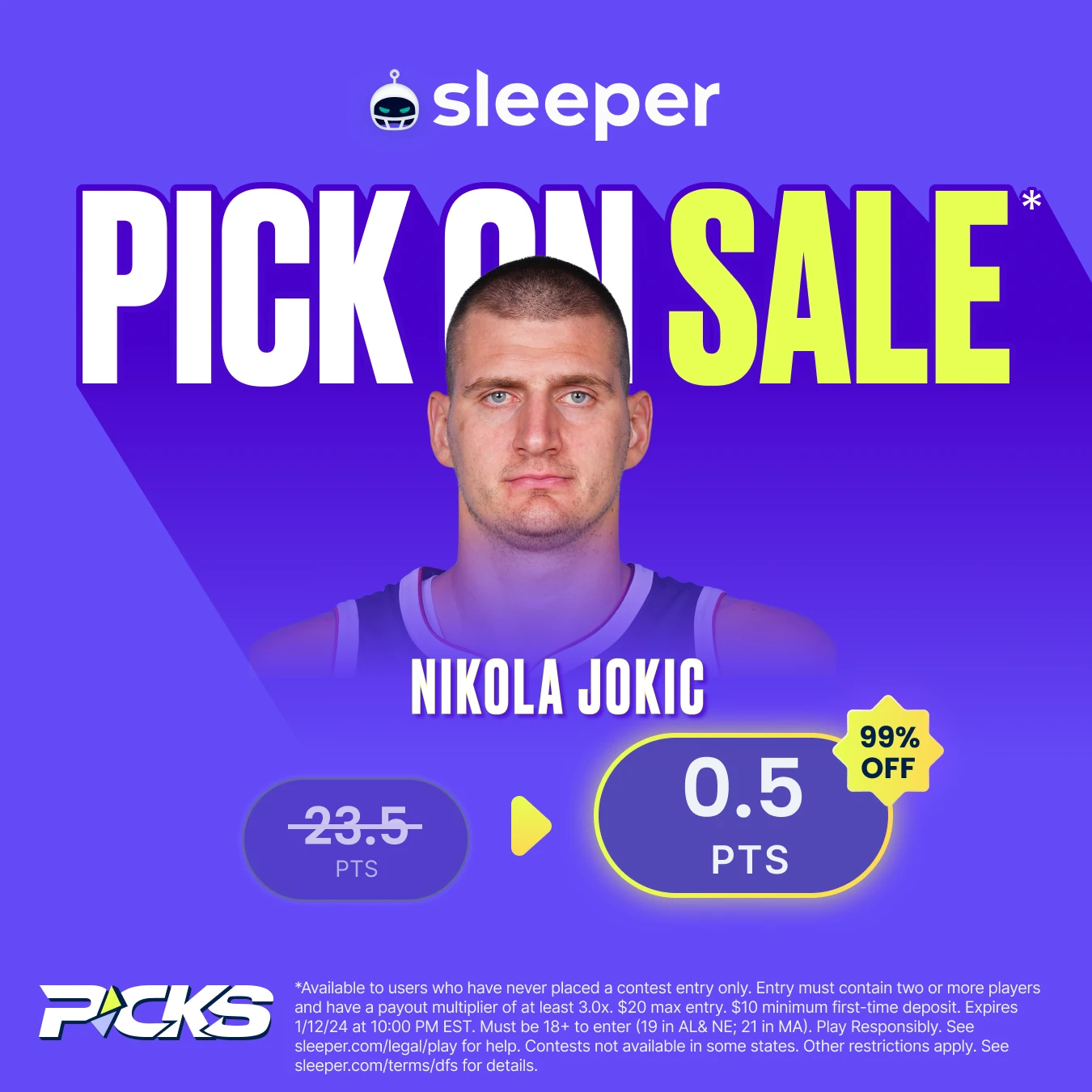 NBA player prop special on Sleeper Fantasy for Friday, Jan. 12 is Nikola Jokic over 0.5 points - available to new users only. 