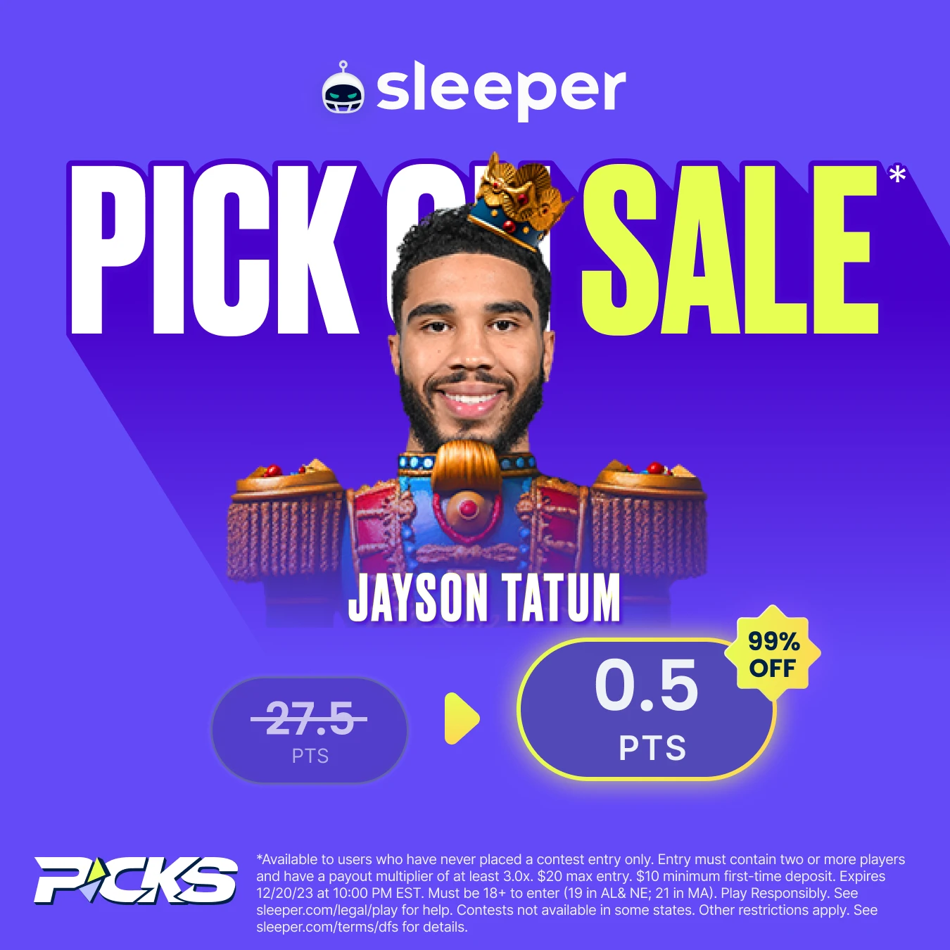 NBA player prop special for Wednesday, Dec. 20 is Jayson Tatum over 0.5 points at Sleeper Fantasy. 