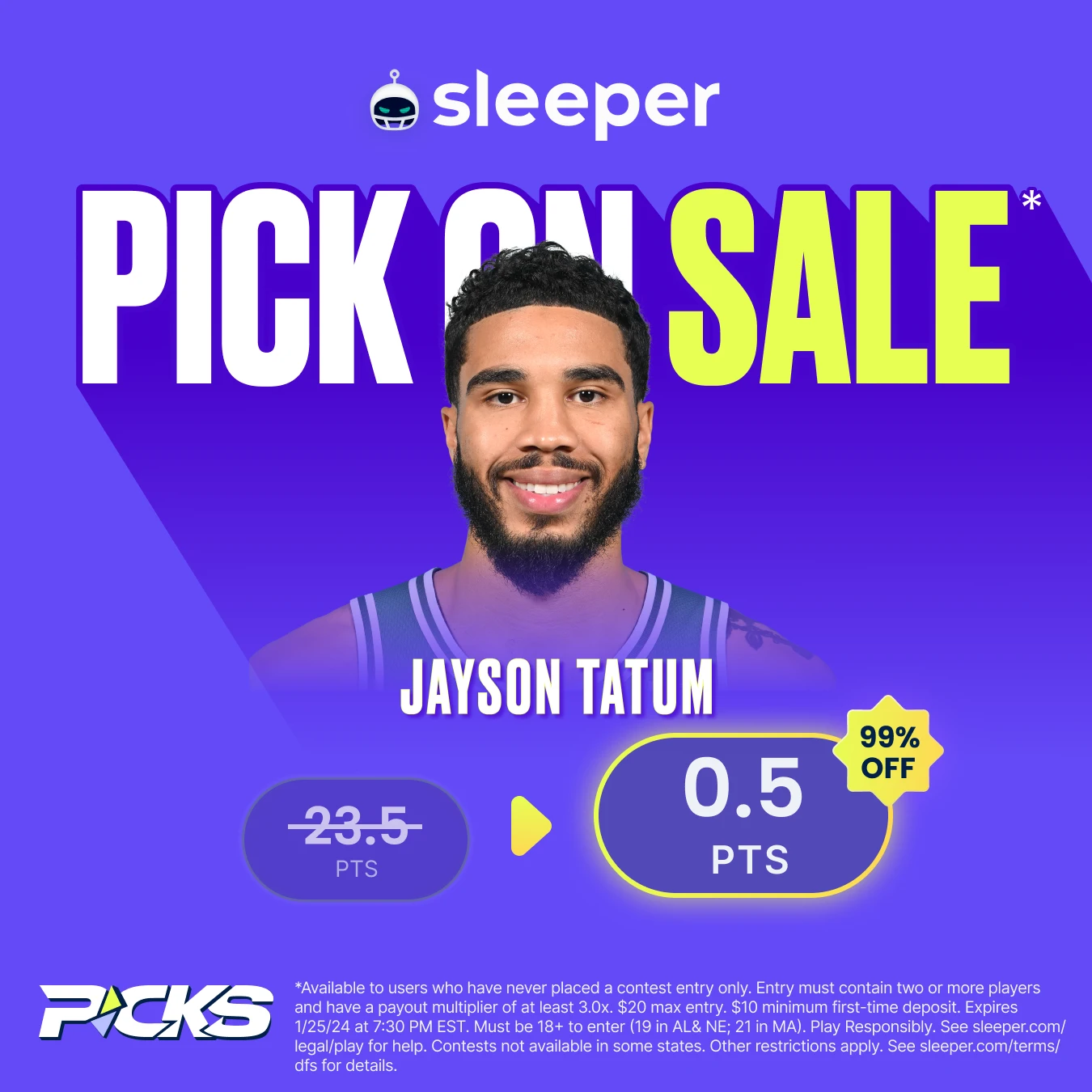 NBA player props special for Thursday, Jan. 25 is Jayson Tatum over 0.5 points on Sleeper Fantasy.