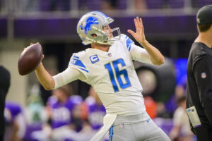 Detroit Lions quarterback Jared Goff throws a pass in pregame warmups