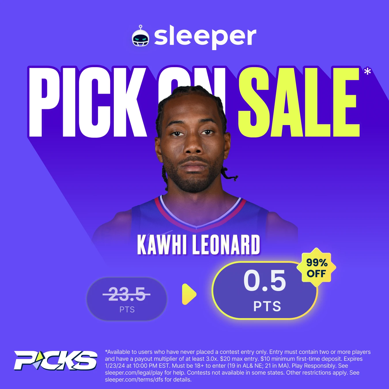 NBA player props special for Tuesday, Jan. 23 from Sleeper Fantasy is Kawhi Leonard over 0.5 points. 