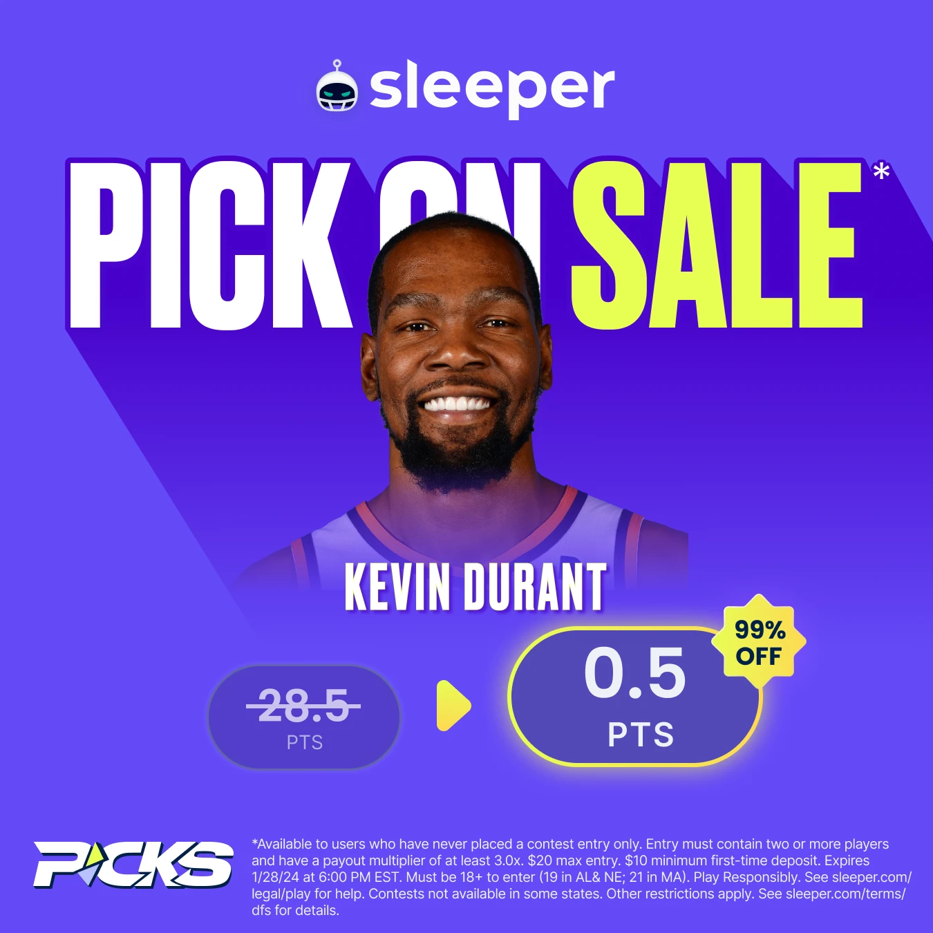 NBA player props special for Sunday, Jan. 28 is Kevin Durant over 0.5 points at Sleeper Fantasy.