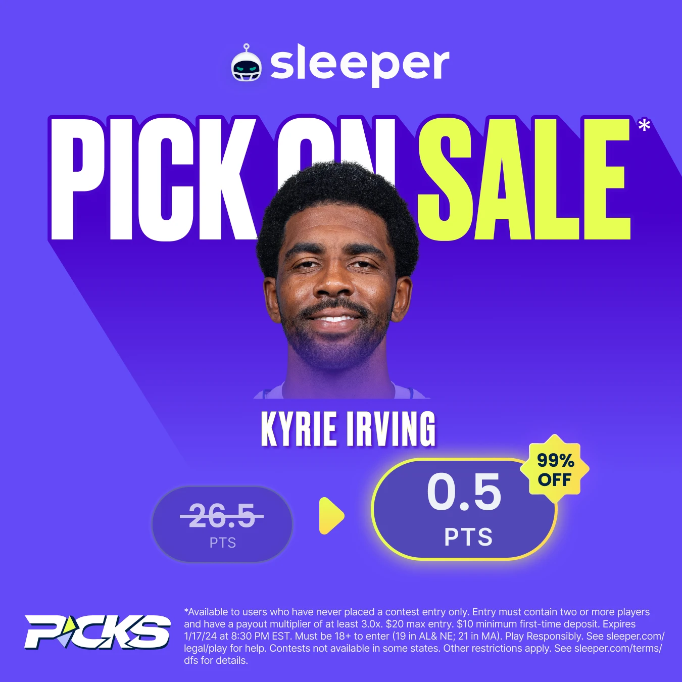 NBA player props special at Sleeper Fantasy for Wednesday, Jan. 17 is Kyrie Irving over 0.5 points. 