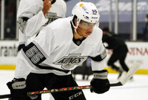 Los Angeles Kings center Quinton Byfield prepares to take a face-off