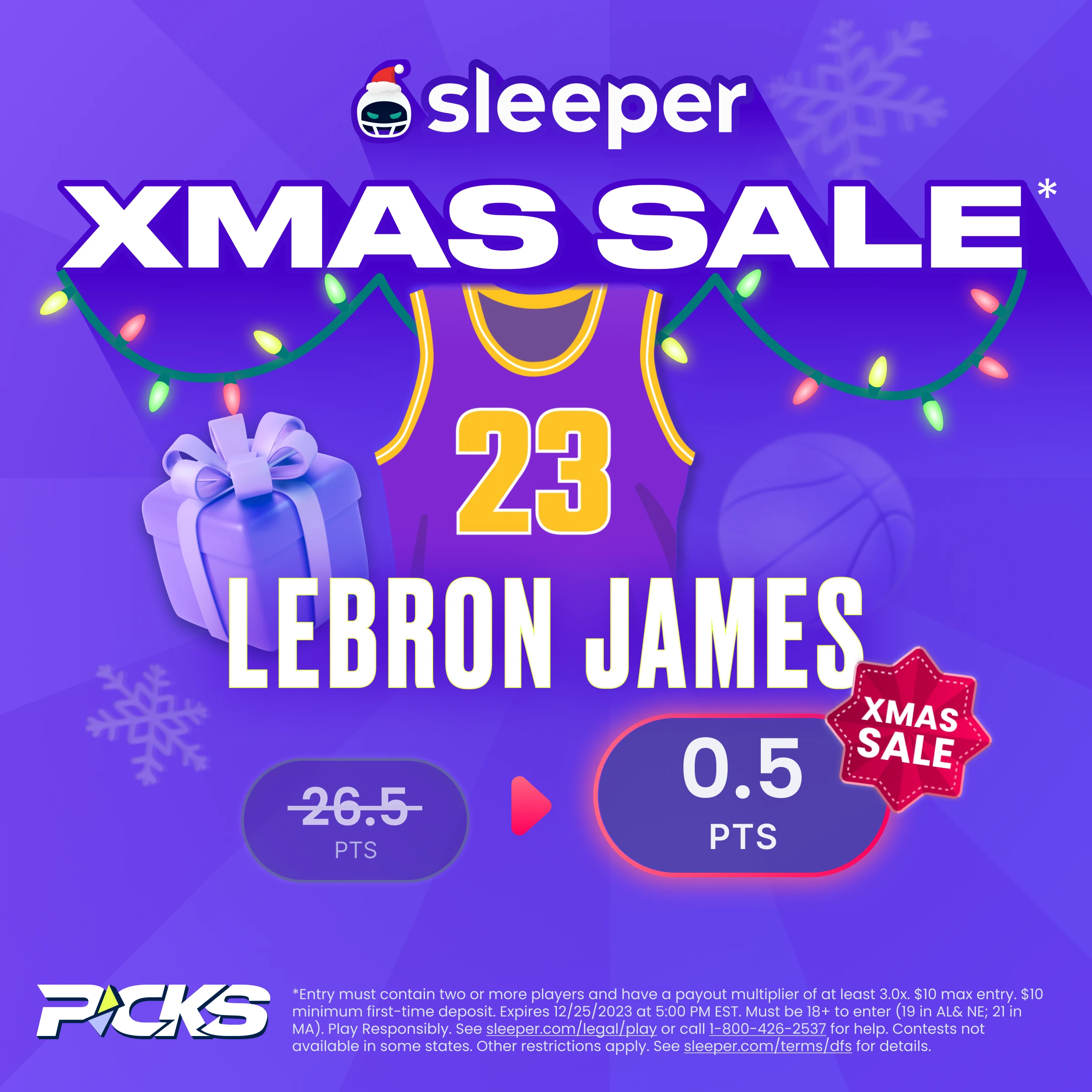 NBA player props special on sleeper fantasy is lebron James over 0.5 points on christmas day. 