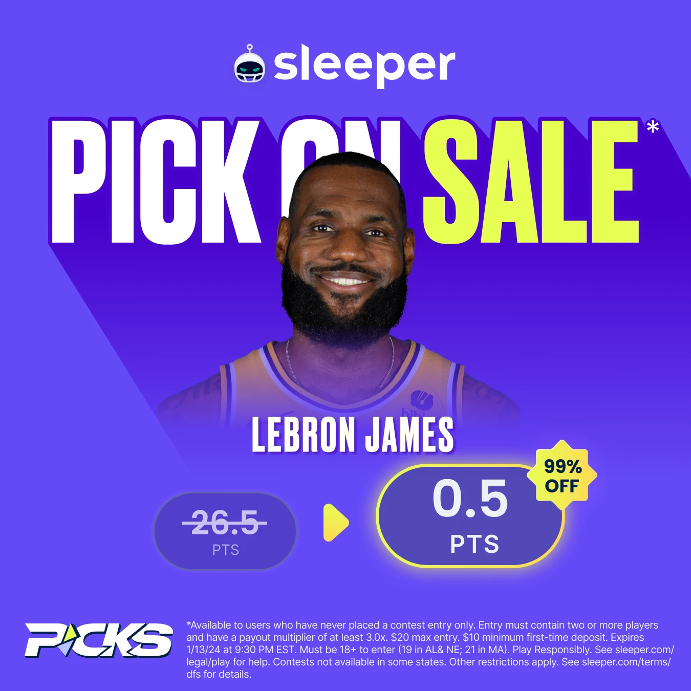 NBA player prop special for Saturday, Jan. 13 on Sleeper Fantasy is LeBron James over 0.5 points. 