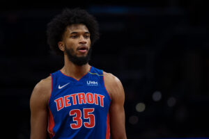 Marvin Bagley III #35 of the Detroit Pistons looks on against the Washington Wizards during the first half at Capital One Arena on February 14, 2022 in Washington, DC.