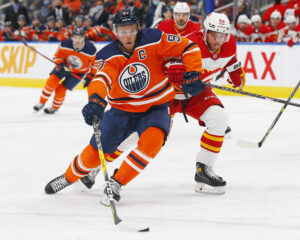 Edmonton Oilers center Connor McDavid skates after the puck on the ice