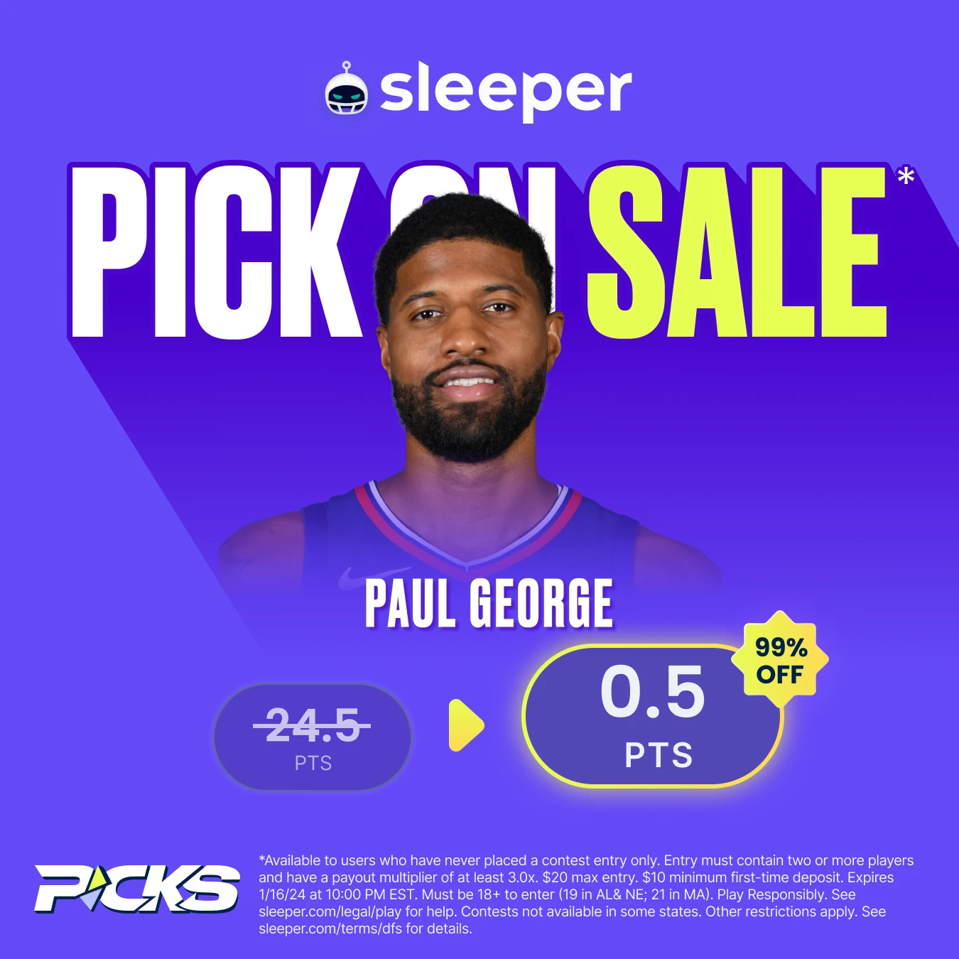 NBA player props promo at Sleeper Fantasy for Tuesday, Jan. 16 is Paul George over 0.5 points. 