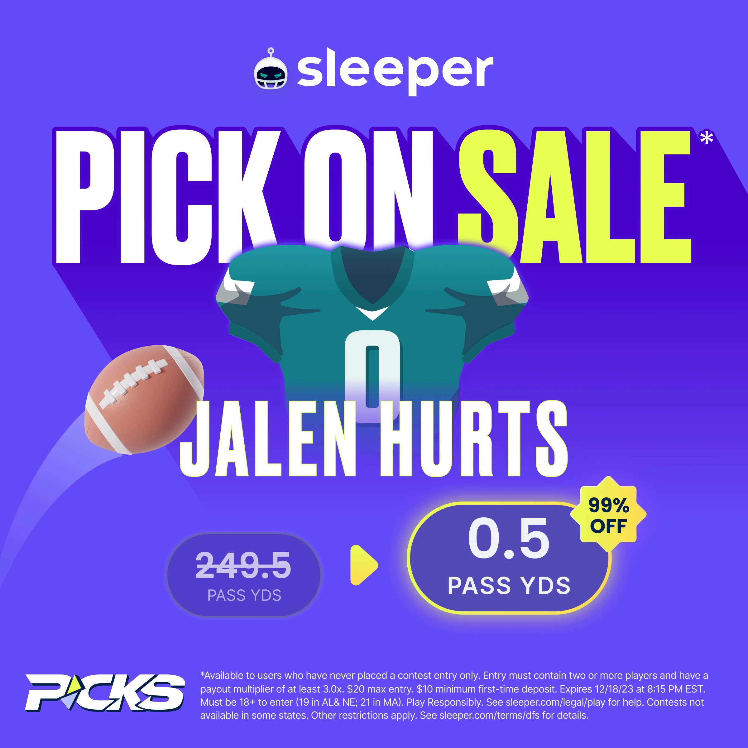 Seahawks vs. Eagles player props special from sleeper is Jalen Hurts over 0.5 pass yards.