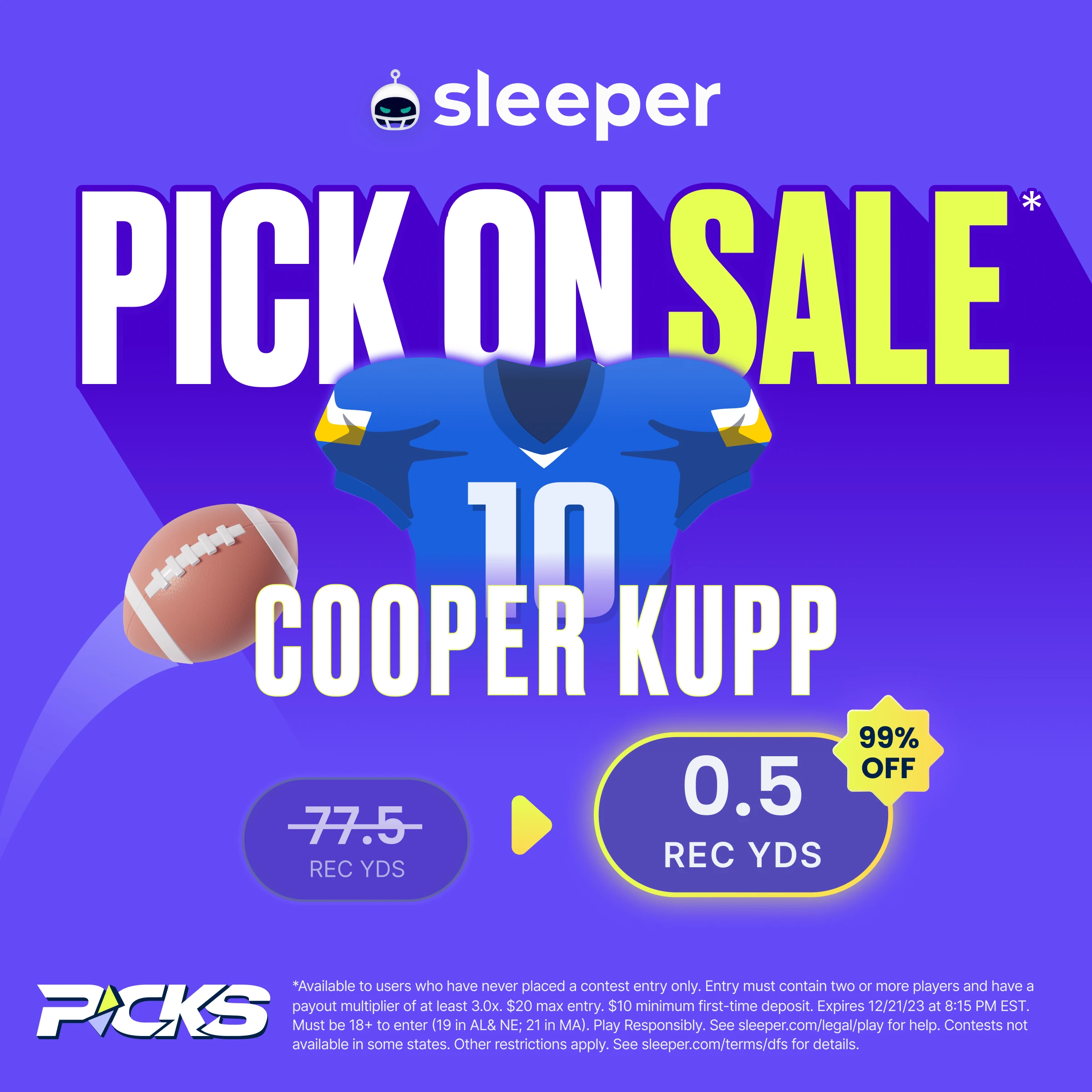 Rams vs. Saints player prop promo from Sleeper Fantasy is Cooper Kupp over 0.5 receiving yards.