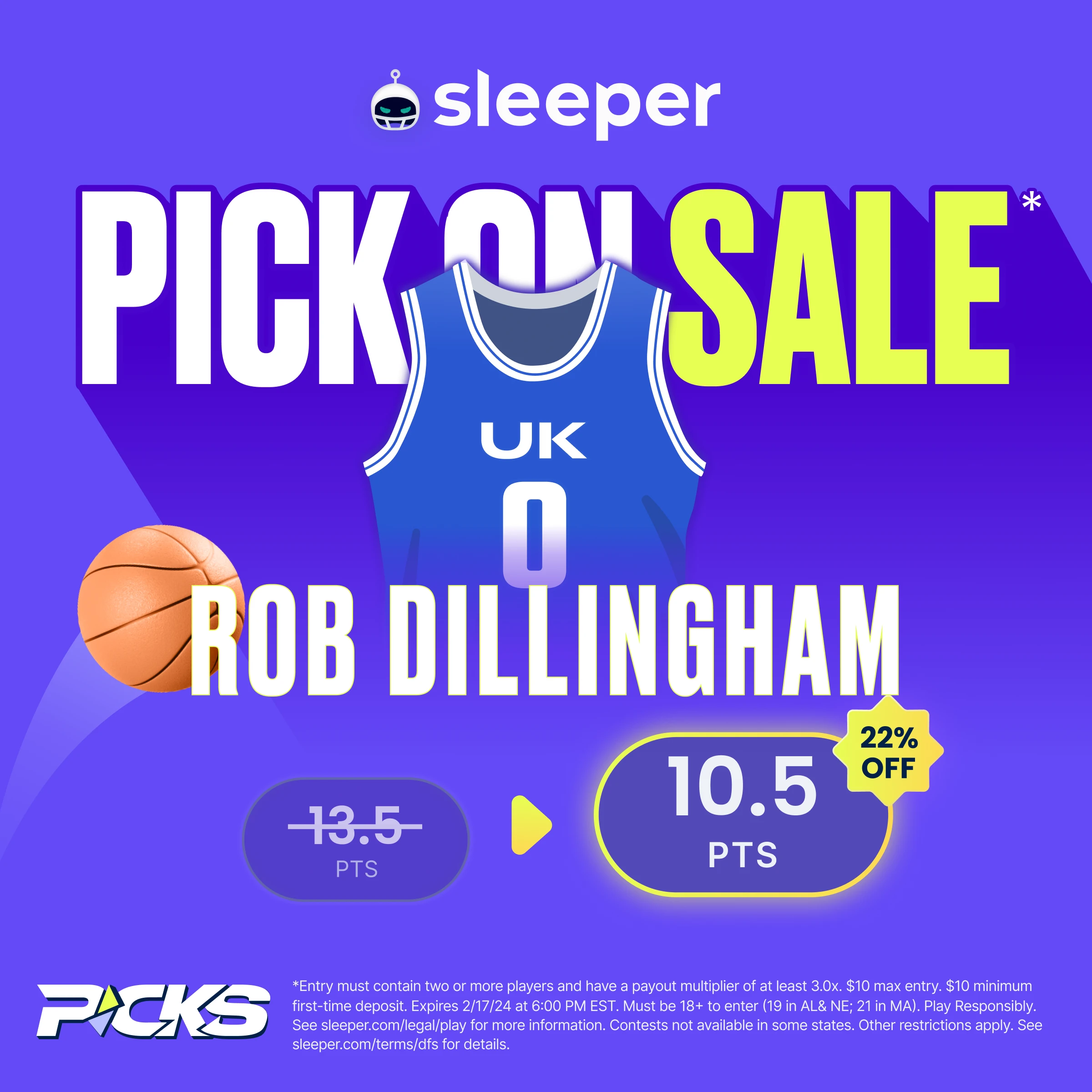 Sleeper Fantasy special for college basketball prop bets is Rob Dillingham over 10.5 points.