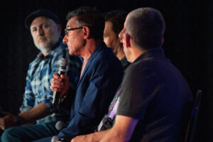 With moderator David Purdum of ESPN (far left) looks on, DraftKings director of sportsbook operations Johnny Avello addresses the audience during the Ethics in Sports Betting panel at Bet Bash 2 at The D Las Vegas.