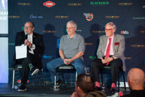 From left, Richard Schuetz, Scotty Schettler and Roxy Roxborough share stories from the stage at Bet Bash 2 at The D Las Vegas, on Sunday, April 3, 2022.