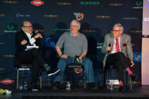 From left, Richard Schuetz, Scotty Schettler and Roxy Roxborough share stories from the stage at Bet Bash 2 at The D Las Vegas, on Sunday, April 3, 2022.