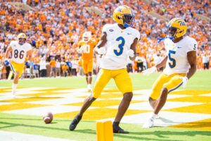 University of Pittsburgh wide receivers Jordan Addison and Jared Wayne celebrate after Addison scores a touchdown