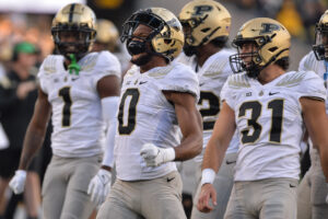 Several Purdue football players celebrate a big play vs Iowa