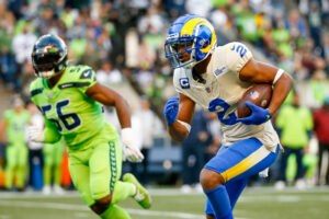 Los Angeles Rams wide receiver Robert Woods runs down the field after making a catch against the Seattle Seahawks