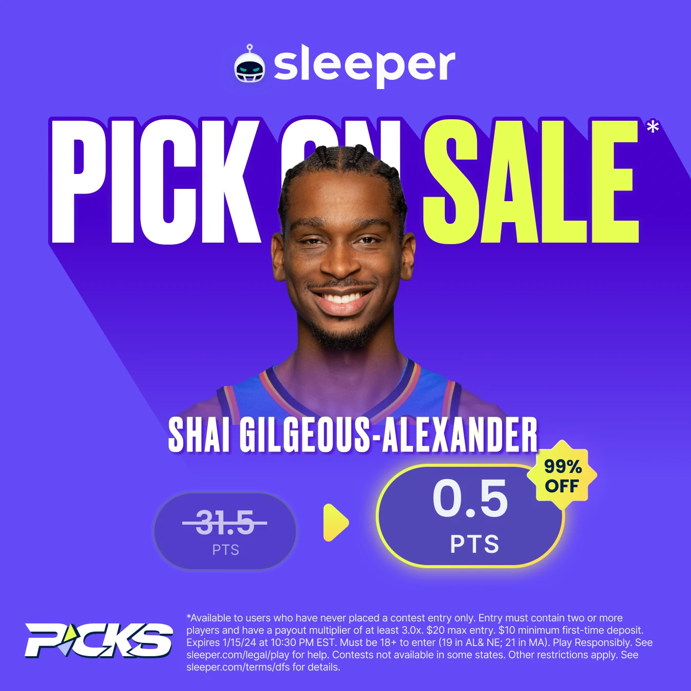 NBA player props special from Sleeper Fantasy on Monday, Jan. 15 is Shai Gilgeous-Alexander over 0.5 points. 