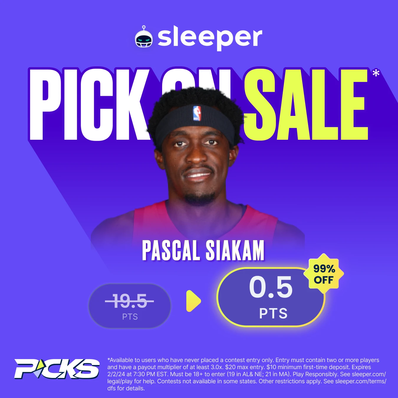 NBA player props special for Friday, Feb. 2 on Sleeper Fantasy app is Pascal Siakam over 0.5 points. 