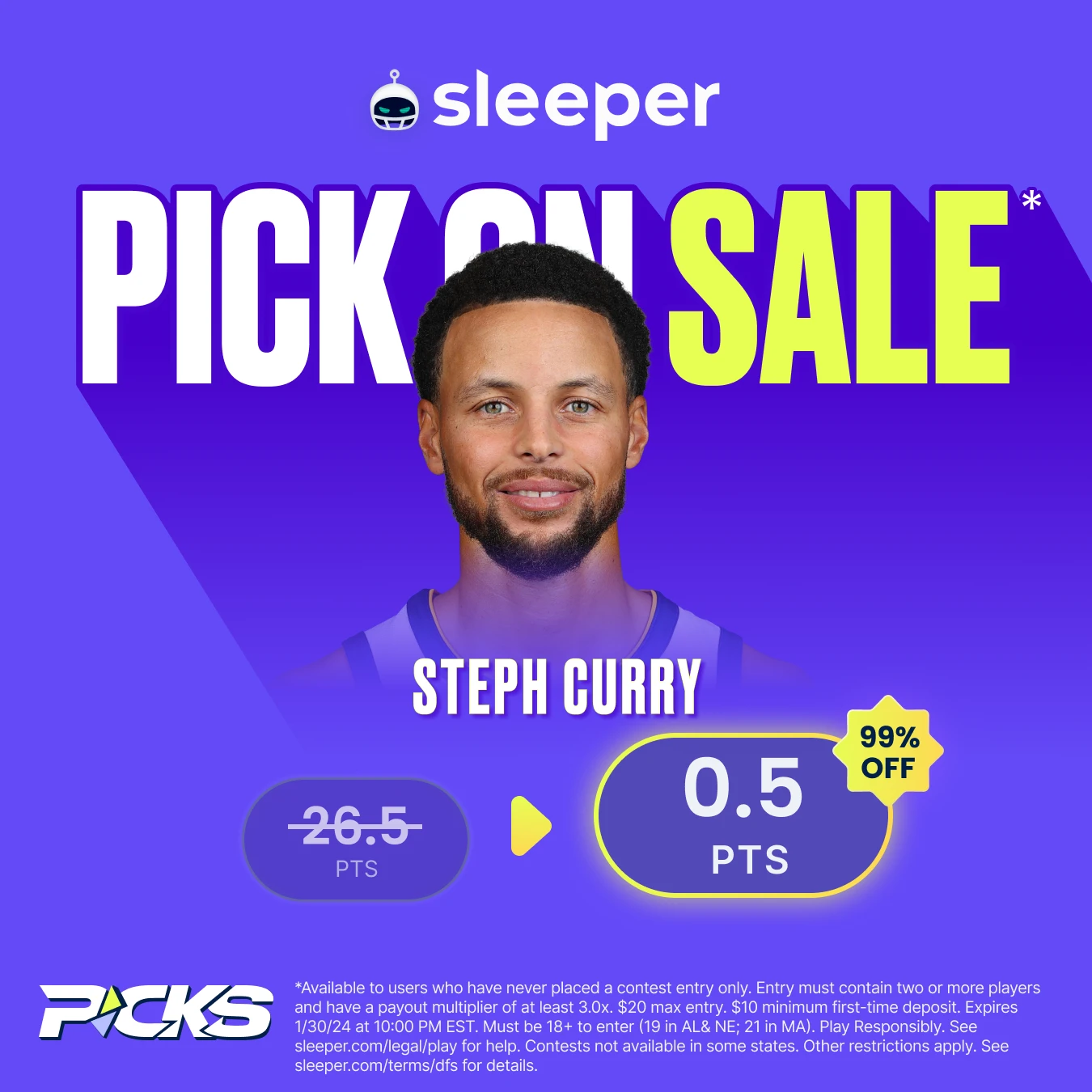 NBA player props special on Sleeper Fantasy for Tuesday, Jan. 30 is Stephen Curry over 0.5 points.