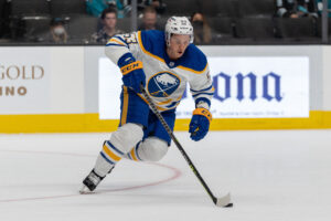 Buffalo Sabres left wing Jeff Skinner controls the puck against the San Jose Sharks