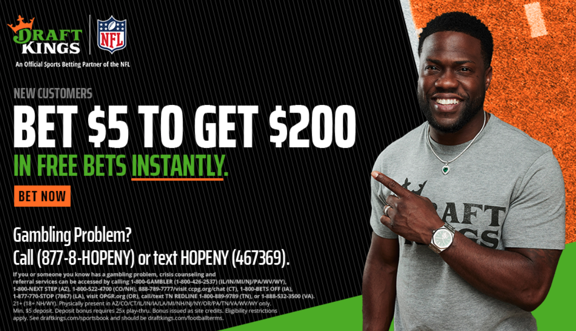 Kevin Hart pointing to a DraftKings Sportsbook offer for bet $5 get $200 in free bets instantly.