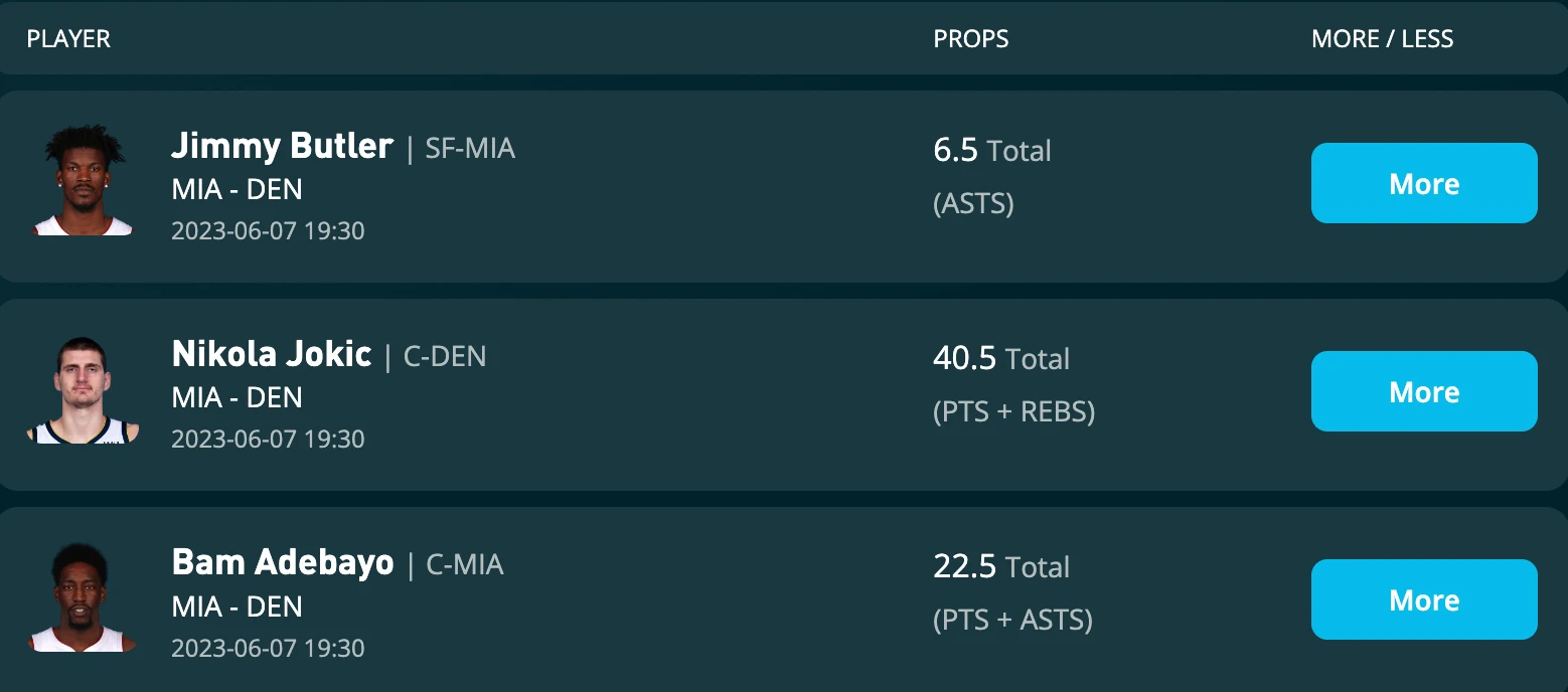 Heat vs. Nuggets player props for Game 3 of the NBA Finals. Jimmy Butler over 6.5 assists, Nikola Jokic over 40.5 points + rebounds, and Bam Adebayo over 22.5 points + assists. 