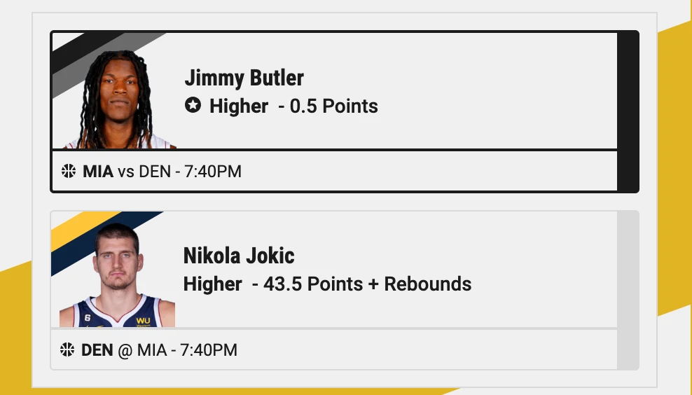 Underdog Fantasy screenshot for Heat vs. Nuggets player props ahead of Game 4 on Friday, June 9. 