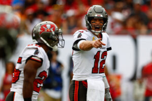 Tampa Bay Buccaneers quarterback Tom Brady (12) calls a play at the line in the first half against the Chicago Bears at Raymond James Stadium