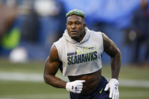 Seattle Seahawks wide receiver DK Metcalf warms up before a 2021 home game.