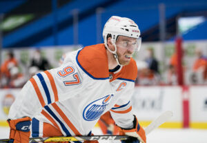 Edmonton Oilers center Connor McDavid gets ready for a face-off in a 2020 game.