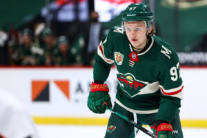 Minnesota Wild player Kirill Kaprisov anticipates the puck in a 2020 home game.