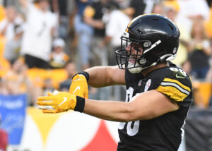 Pittsburgh Steelers tight end Pat Friermuth (88) celebrates a touchdown during the first quarter against the Detroit Lions at Heinz Field.