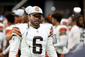 Cleveland Browns quarterback #6 Baker Mayfield on the sideline in a 2021 preseason game.