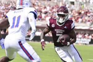 Mississippi State running back Marks #7 makes a move in a 2021 home game.