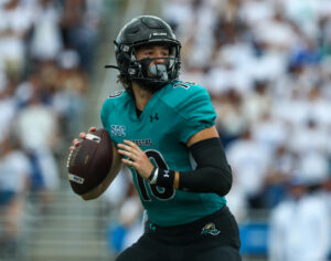 Coastal Carolina QB Grayson McCall looks downfield in a 2021 game.