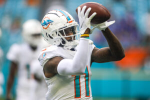 Miami Dolphins wide receiver DeVante Parker (11) catches a football during a warmup exercise prior the game against the Buffalo Bills at Hard Rock Stadium. 