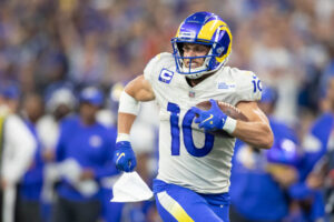 Los Angeles Rams wide receiver #10 Cooper Kupp runs down the sideline in a 2021 road game.