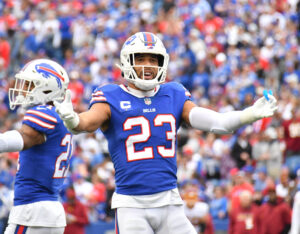 Buffalo Bills strong safety Micah Hyde gestures to the crowd during a game against the Washington Football Team