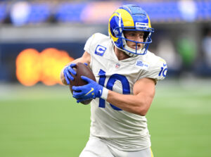 Los Angeles Rams wide receiver Cooper Kupp runs for a first down after making a catch against the Tampa Bay Buccaneers