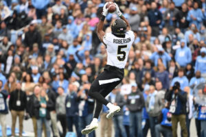 Wake Forest Demon Deacons wide receiver Jaquarii Roberson (5) catches the ball in the first quarter at Kenan Memorial Stadium. 